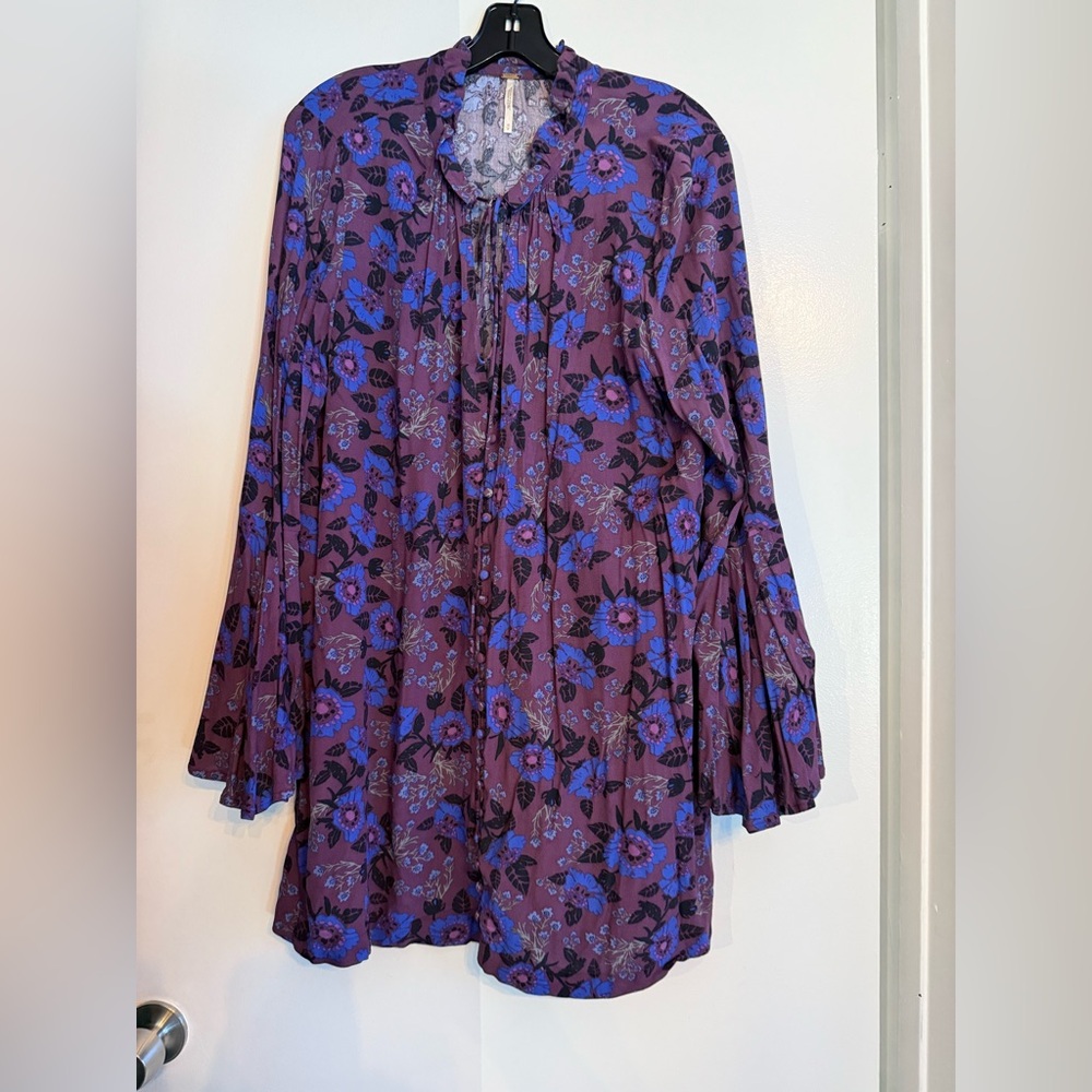 Free People Purple and Blue Floral Blouse